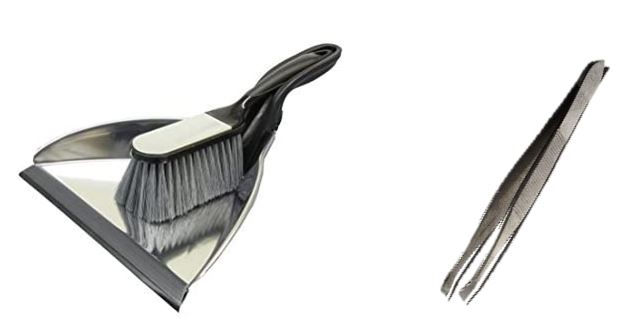 Dustpan and brush and forceps or tongs