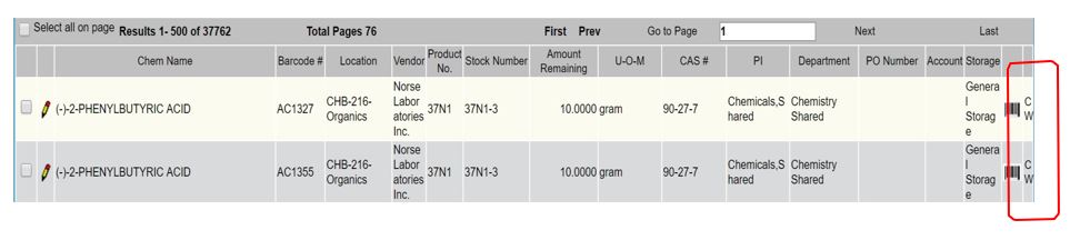 Click CW in the far right column to access the SDS for a chemical