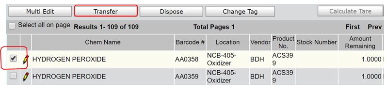 Click the checkbox next to the chemicals and click transfer