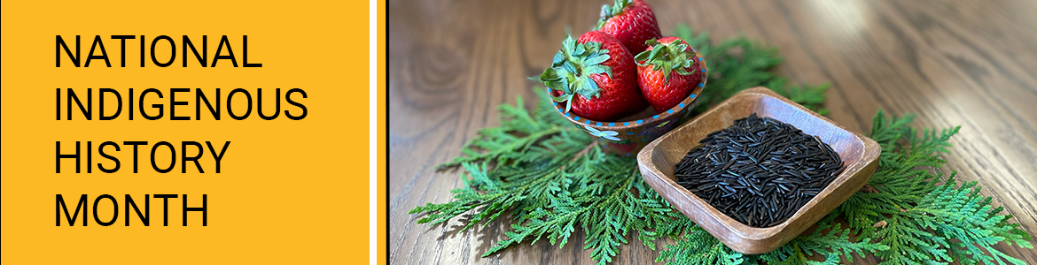 A graphic that includes the text "Indigenous History Month" with an image of a  bowl of wild rice and strawberries on a table. 