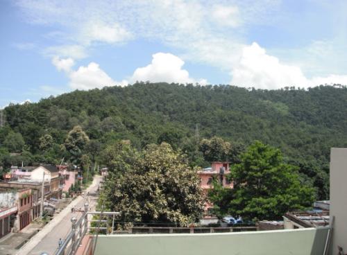 View of a treed hill beyond a village