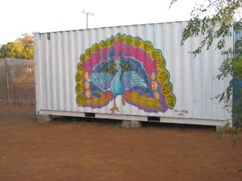 Pretty Peacocks logo painted on the side of a large storage container