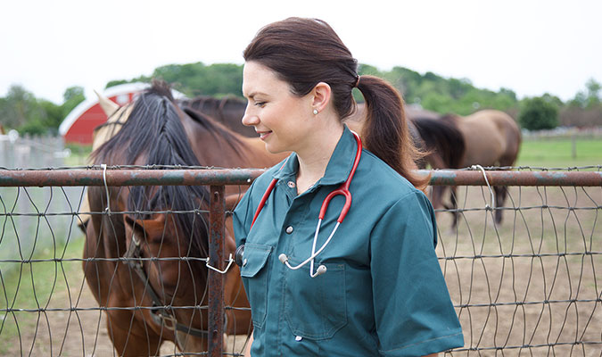A woman shows her wearing a dark green vet scrubs or uniform with a red stethoscope, walking past horses outdoors.