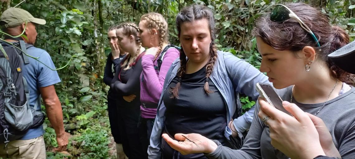 Alyssa and a few other students looking at an insect.