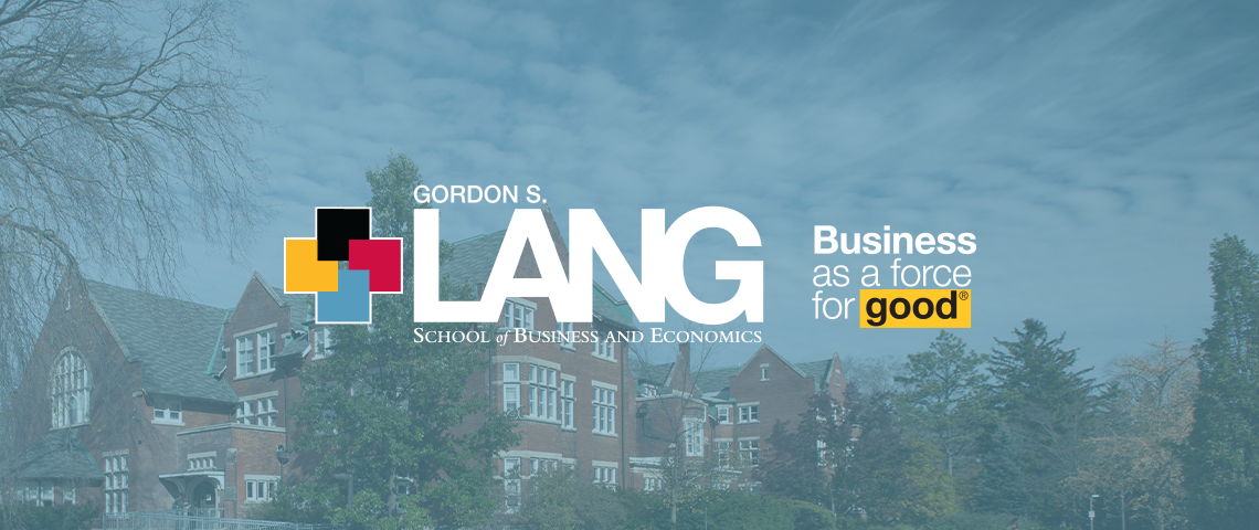 Photo of Lang School logo with an image of Macdonald Hall in the background