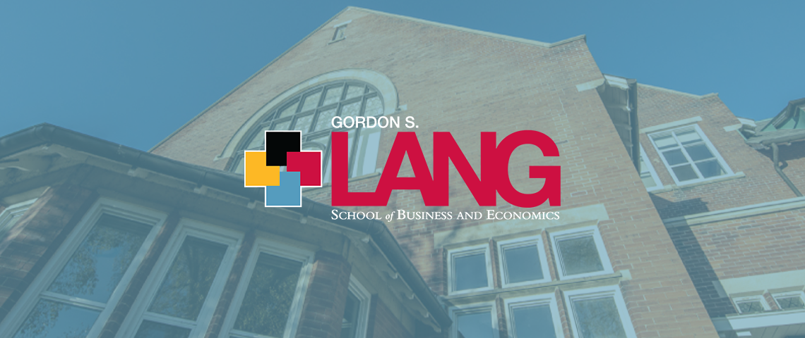 Photo of Lang School logo with an image of Macdonald Hall in the background