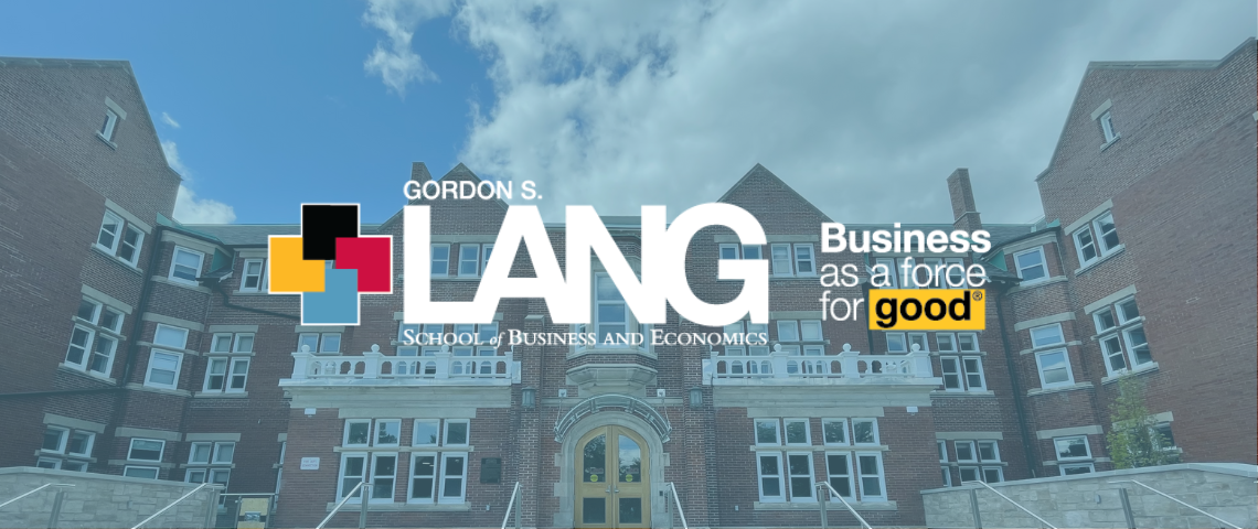 Macdonald Hall in the background with the Lang logo and Business as a force for good text.