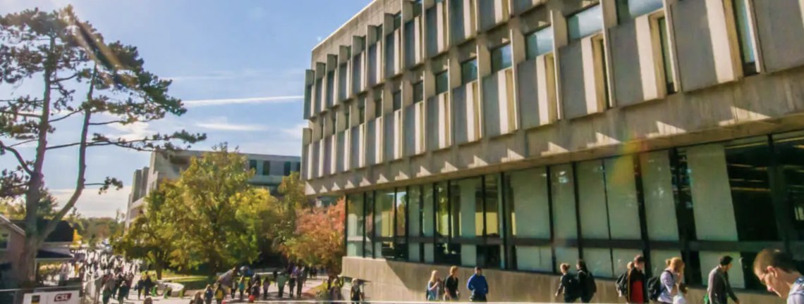 McLaughlin Library with students walking around.