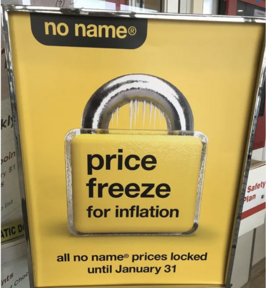 No Name sign that says price freeze for inflation.