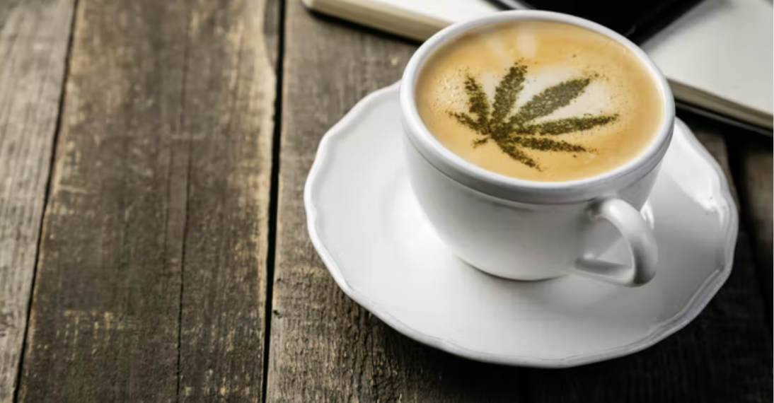 Coffee with a cannabis leaf on it.