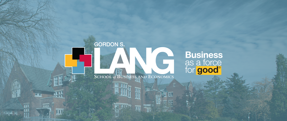 Photo of the Lang School logo with text to the right that reads: "Business as a force for good"