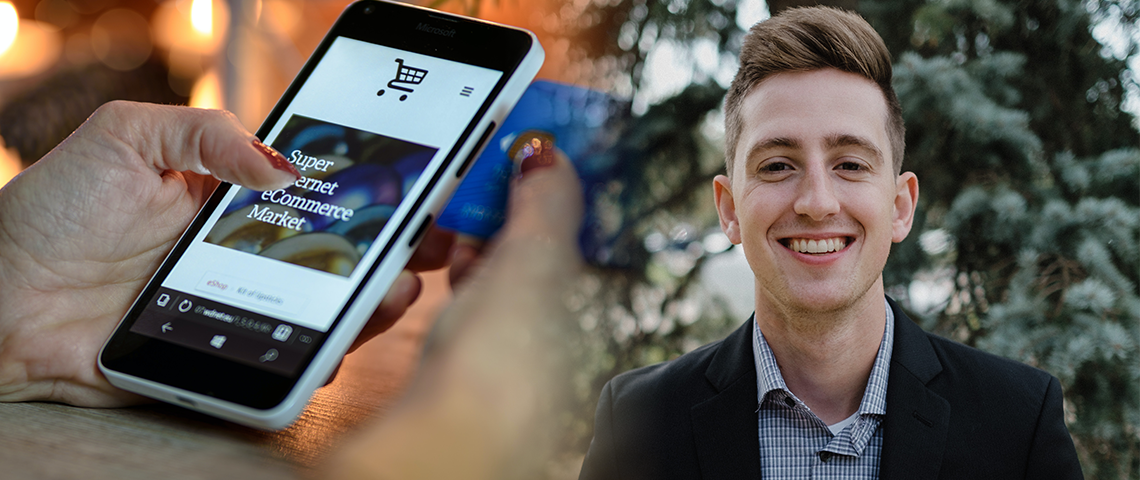 Photo of Robert beside an image of someone shopping on their cell phone