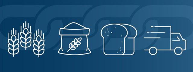 Drawings of a bundle of wheat, bread, and a truck to represent the supply chain