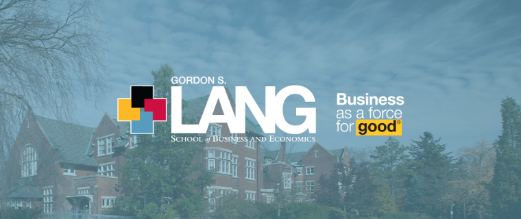 Photo of Lang School logo with an image of Macdonald Hall in the background