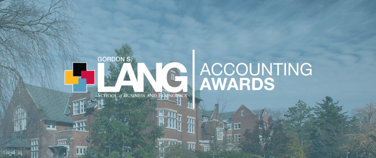 Photo of Lang School logo with an image of Macdonald Hall in the background. Text to right reads "Accounting Awards"