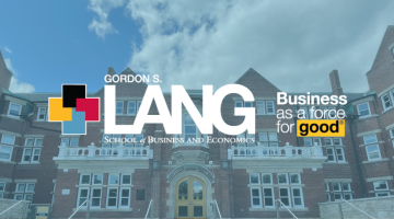 Macdonald Hall in the background with the Lang logo and Business as a force for good text.