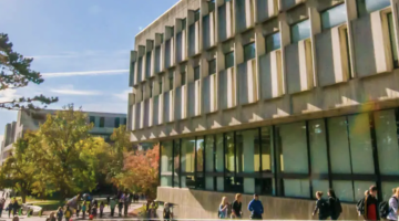 McLaughlin Library with students walking around.