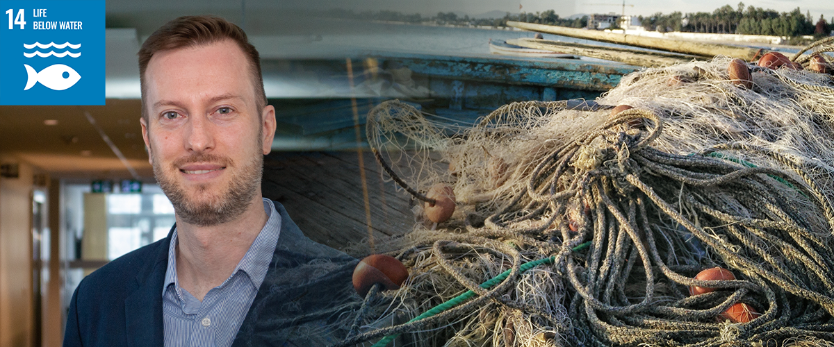 Photo of Simon Somogyi with a photo of a fishing boat blended in the background