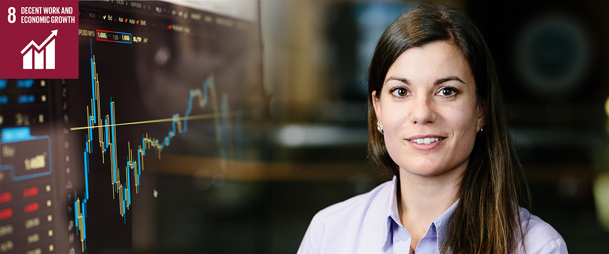 Photo of Daniela Senkl with an image of profit charts blended in the background