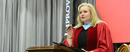 linda hazenfratz speaking at convocation ceremony