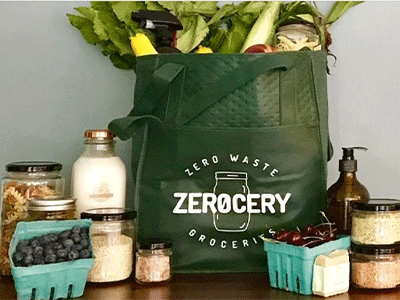 Zerocery reusable bag with groceries on the counter around it