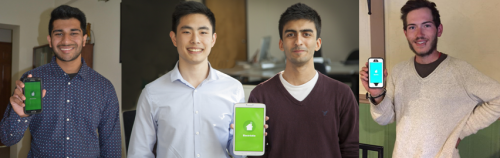 Phot of ElecTrickle team members holding phones with their app on the screen