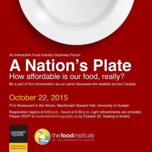 Food Forum invitation. White plate on red table with event information underneath.