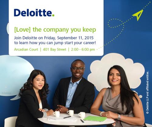 Event advertisement featuring three employees smiling at the camera while around a table