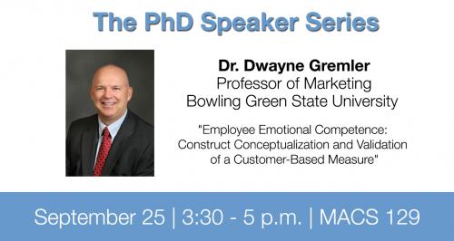 Event graphic for PhD speaker series featuring photo of Dwayne Gremler and event details