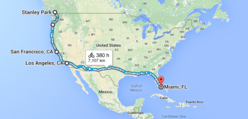 Map of United States highlighting Cole's route from Stanley Park in Vancouver to Miami Florida