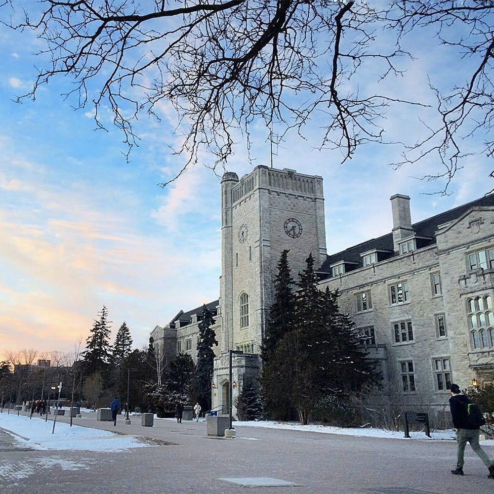 Johnston Hall at dusk in the winter