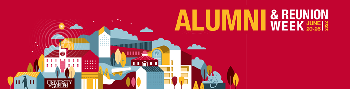 Red graphic stating Alumni & Reunion Week 2022 with illustration of campus buildings