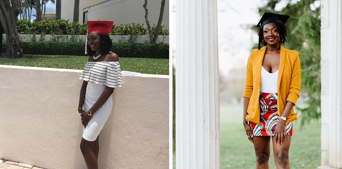 E'layna as a highschool graduate and E'layna as a university graduate