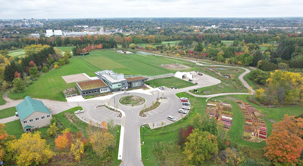Aerial view of the new Guelph Turfgrass Institute (G.M. Frost Centre) on College Ave. E.