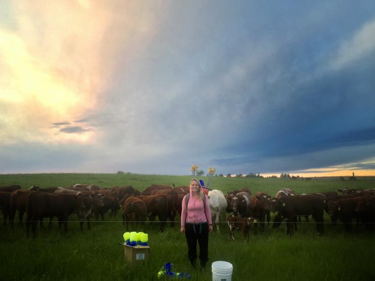 Kyra Lightburn standing in a pasture in front a herd of cattle.