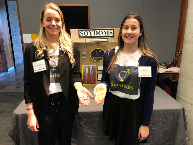 Chloe and Ashely pose with their project Soydom.