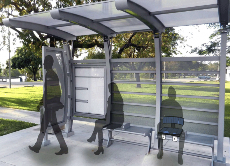 Design rendering of three people in bus shelter featuring an assistive seat