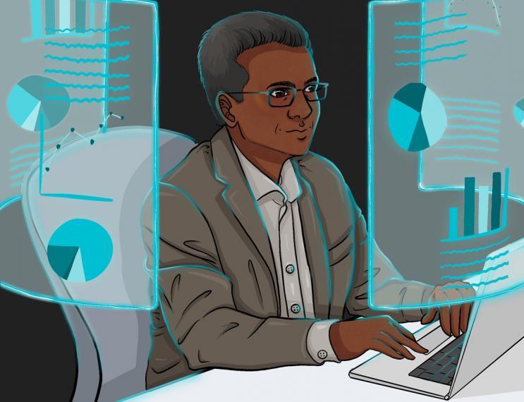 Illustration of Bishnu looking at large screens with data and charts