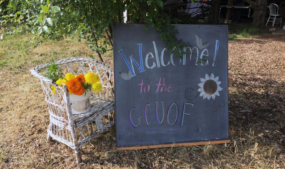 Chalkboard sin welcoming people to the GCUOF