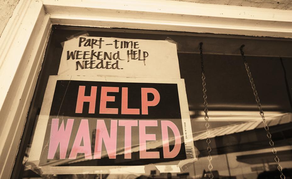 Help Wanted sign with note that says "Part-time weekend help needed"