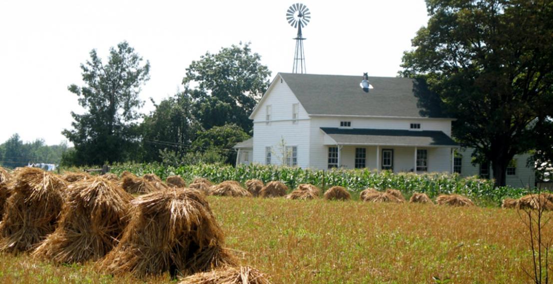 Hay is stacked in a field in front of a white house with a windmill in the background.
