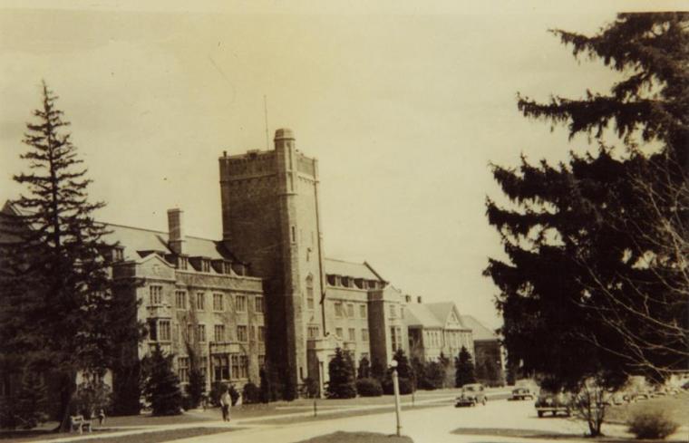 A black and white photo of Johnston Hall in 1949.