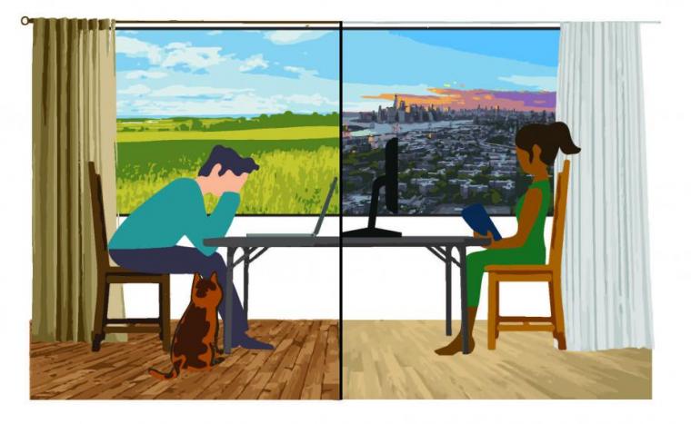 A graphic with a student on the left in a rural area frustrated with their computer and a student on the right in a city looking content at their computer.