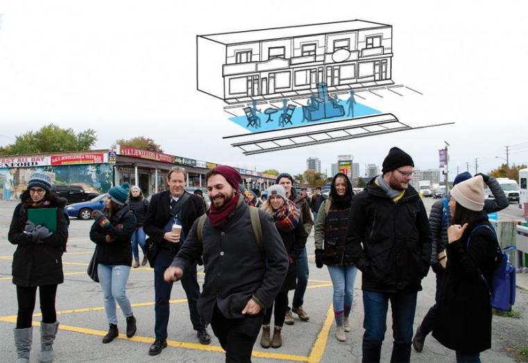 A group of older students walk together outside, with an illutration of a storefront and pop-up space floating above them