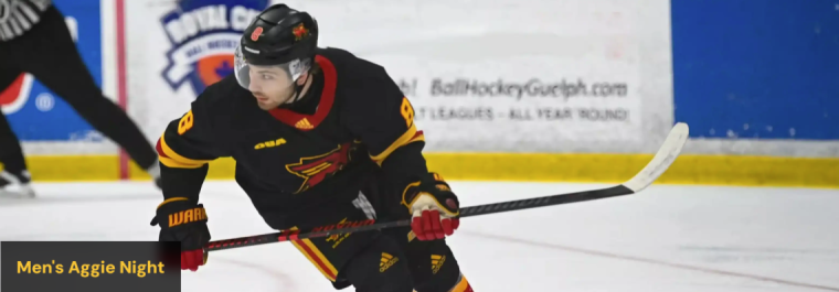 a Gryphon hockey player with the title "Men's Aggie Night"
