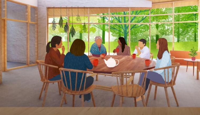 An illustration of six people sitting at a table in the Nokom's house.