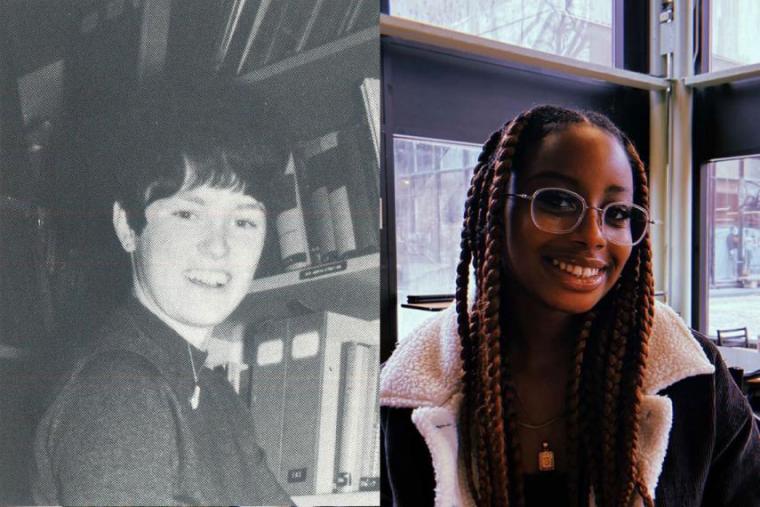 Black and white image of Mary in first year smiling with books behind her; image of Sandreka smiling in coat with large windows behind her