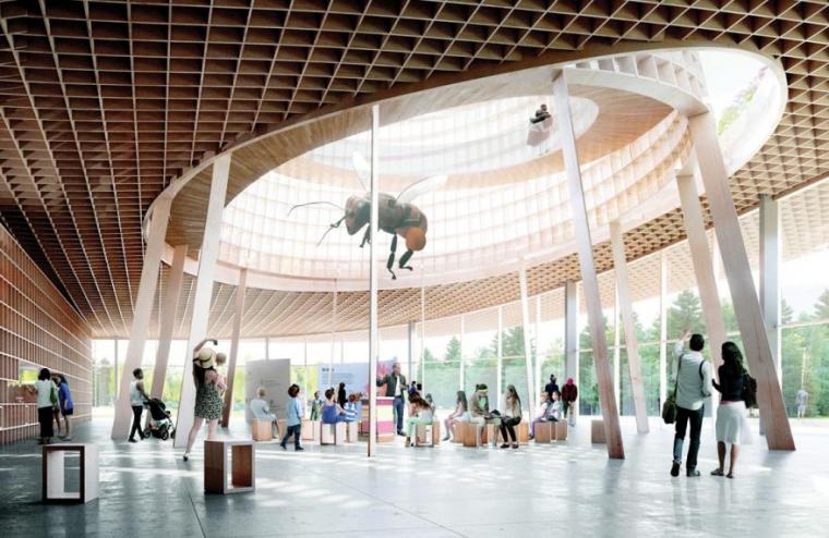 Design rendering of a room with a large cut out of the ceiling and a large honey bee hanging from the opening. People looking up at the bee.