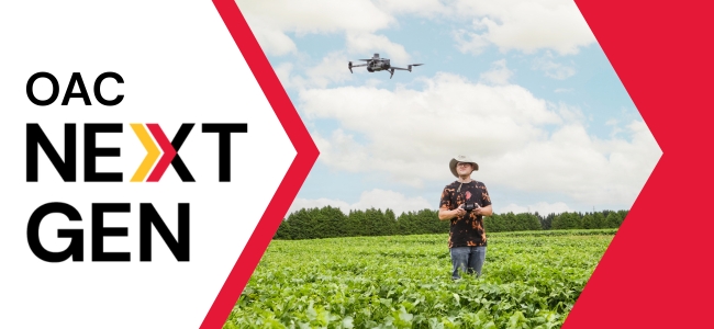 oac next gen newsletter - banner. in the graphic there is a photo of a man flying a drone in a bean field