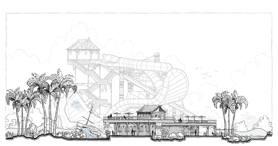 A cross section drawing of a water park.